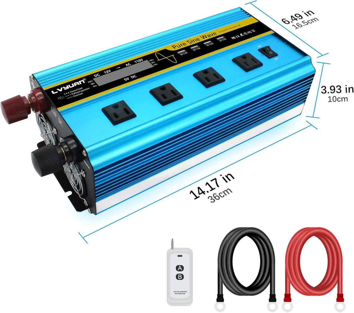 3000 Watt Pure Sine Wave Inverter 12V to 110V DC to AC with LCD Display 4 AC Sockets 4 USB Ports N7828