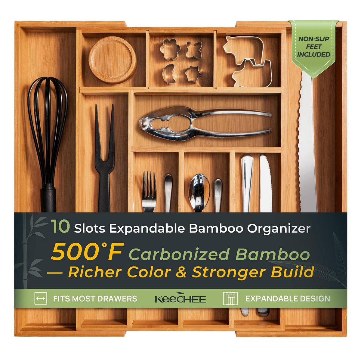 Bamboo Drawer Organizer, 10 Compartment Cutlery Tray, 2.2 Inch Deep M302782