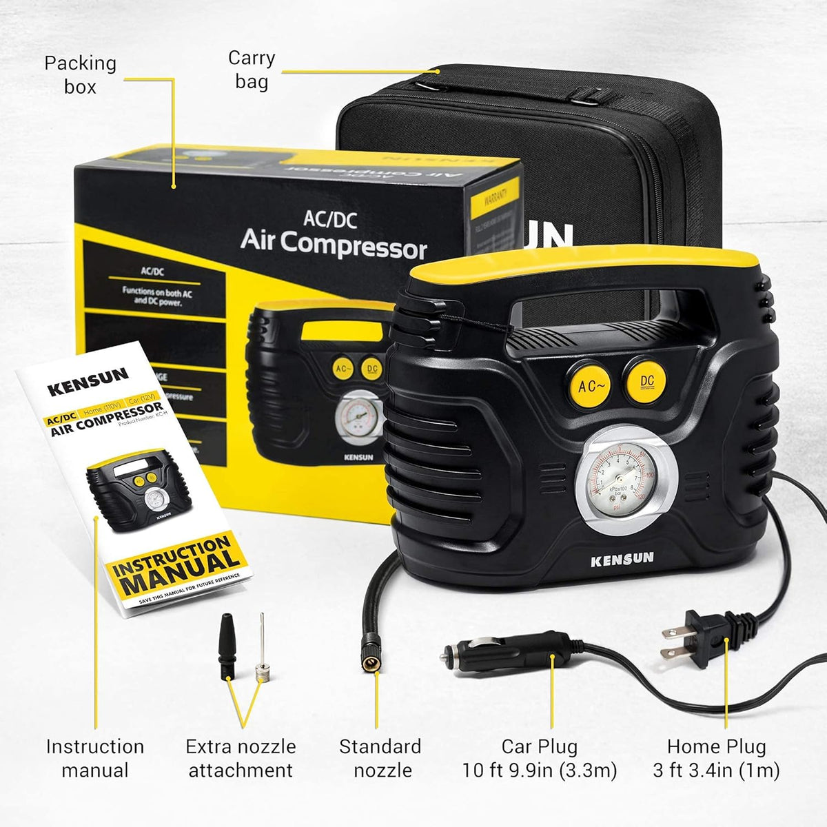 Portable Air Compressor 12V DC 110V AC 100 PSI Tire Inflator U672