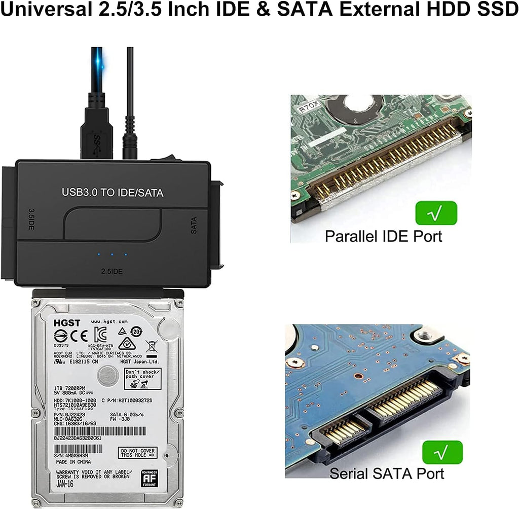 SATA IDE to USB 3.0 Adapter for 2.5 3.5-Inch HDD SSD with 12V 2A Power Supply Pack of 2 A298