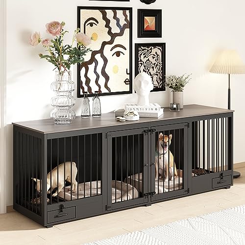 White 86.6" Heavy Duty Wooden Dog Kennel with Dog Bowl Drawers & Divider M272