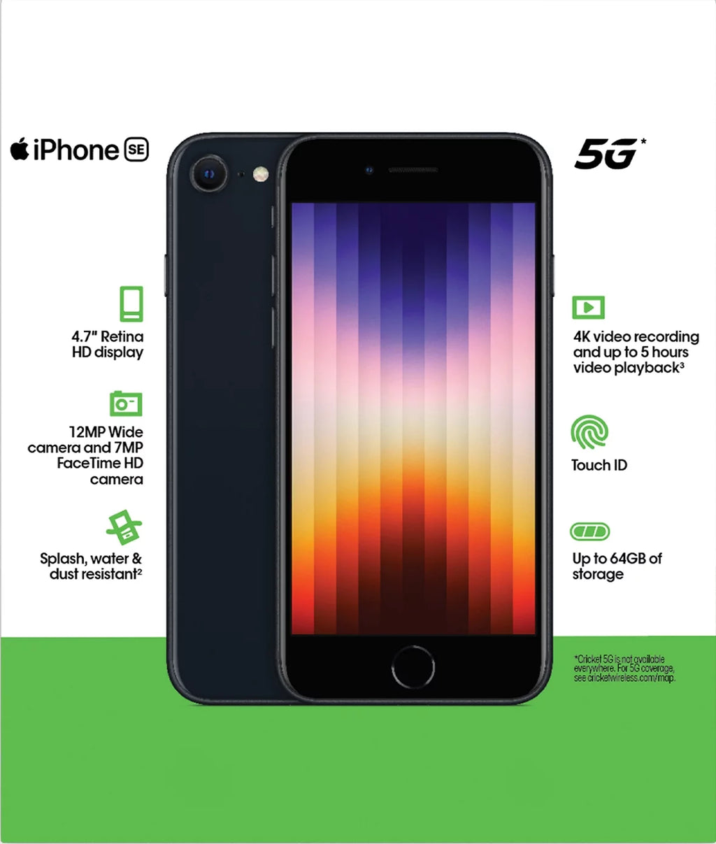Apple iPhone SE 2022, 64GB, 4GB RAM, Midnight - Prepaid Smartphone B6439