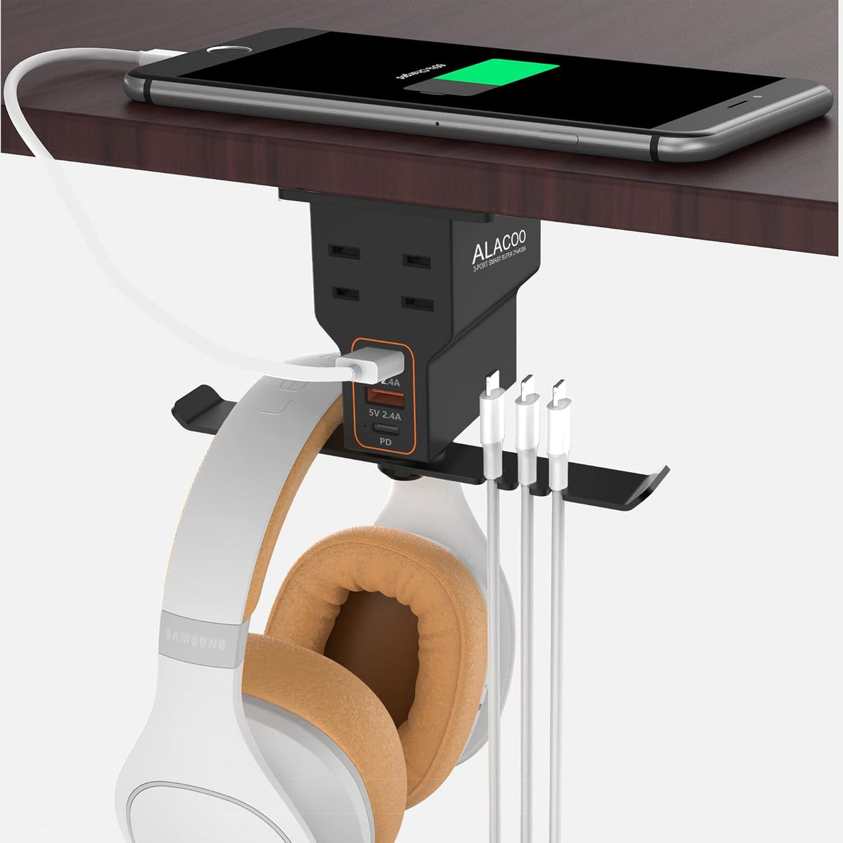 Headphone Stand with 2 USB A Charging Port AC Outlets Headset Hanger Charging Station I488097