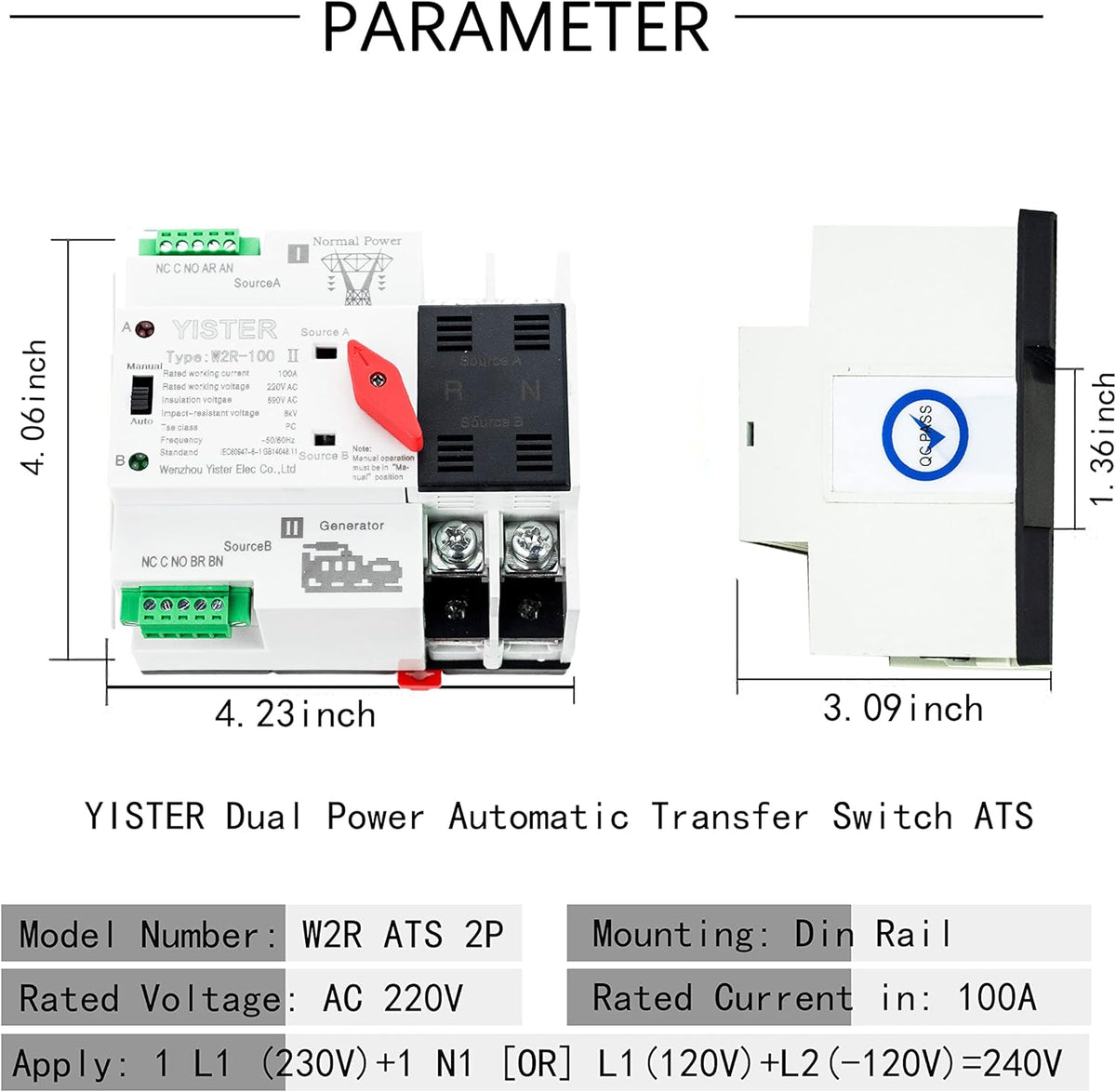 WiFi RF433 Remote Control 2P Dual Power Automatic Transfer Switch 16-100A Din Rail Mounted I350042