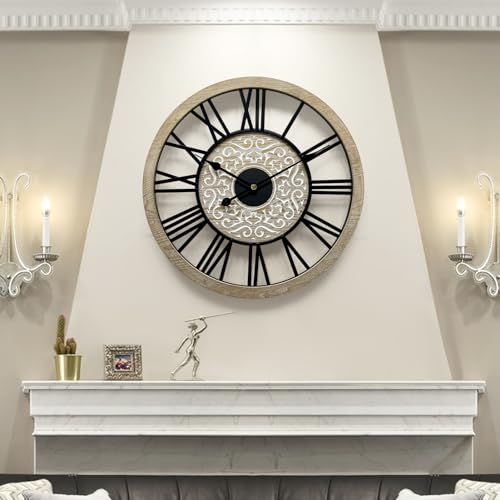 24 in Round Carved Wooden Wall Clock F15203