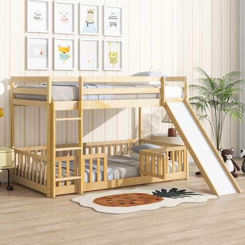 White Twin Over Full Size Pine Wooden Bunk Bed with Slide M240791