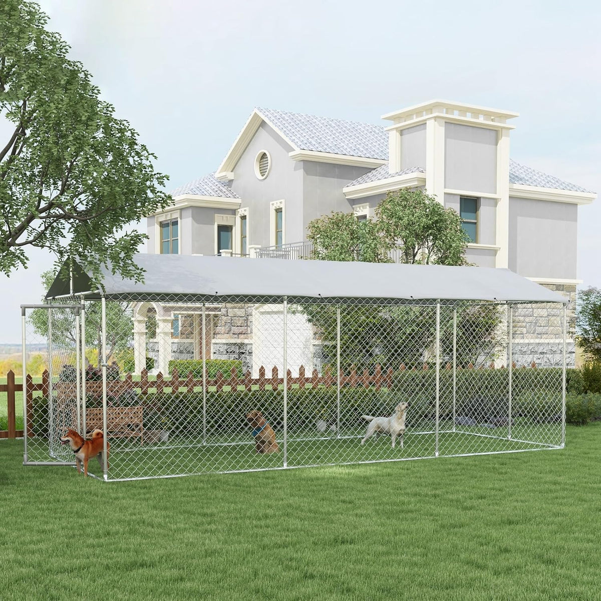 Large Heavy Duty Dog Kennel with Waterproof Cover, Galvanized Chain Link, 19.7' x 7.5' x 7.5' L783