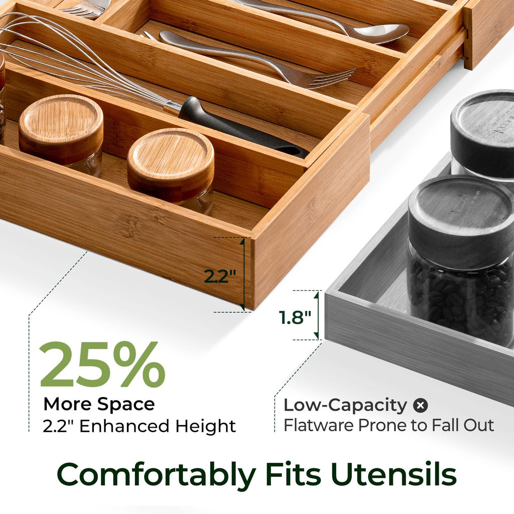 Bamboo Drawer Organizer, 10 Compartment Cutlery Tray, 2.2 Inch Deep M302782