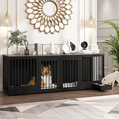 White 86.6" Heavy Duty Wooden Dog Kennel with Dog Bowl Drawers & Divider M272