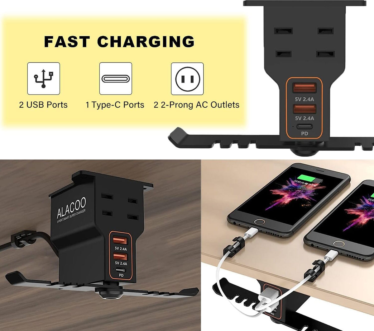 Headphone Stand with 2 USB A Charging Port AC Outlets Headset Hanger Charging Station I488097