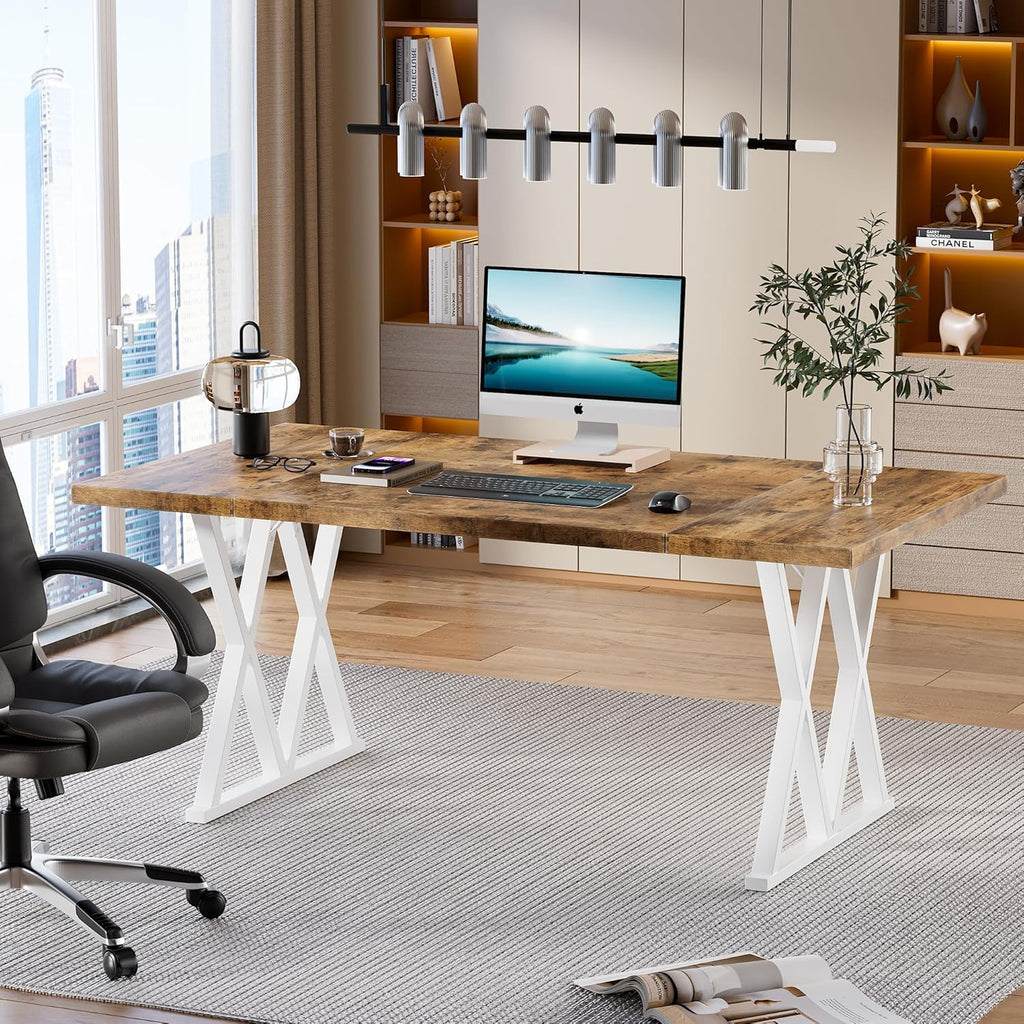 70.8 Inches Large Executive Desk with X Shaped Metal Legs & Adjustable Feet G834