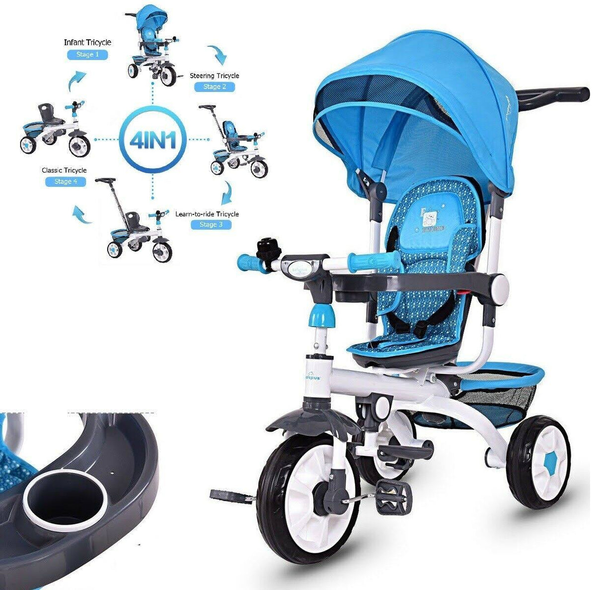4-in-1 Detachable Baby Stroller Tricycle with Canopy R61890