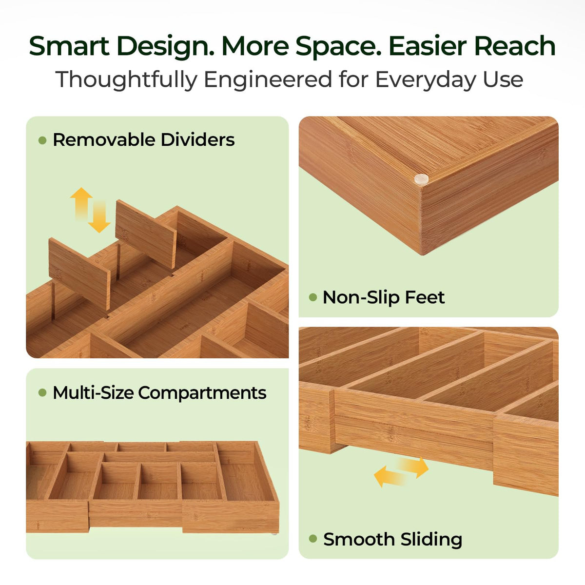Bamboo Drawer Organizer, 10 Compartment Cutlery Tray, 2.2 Inch Deep M302782