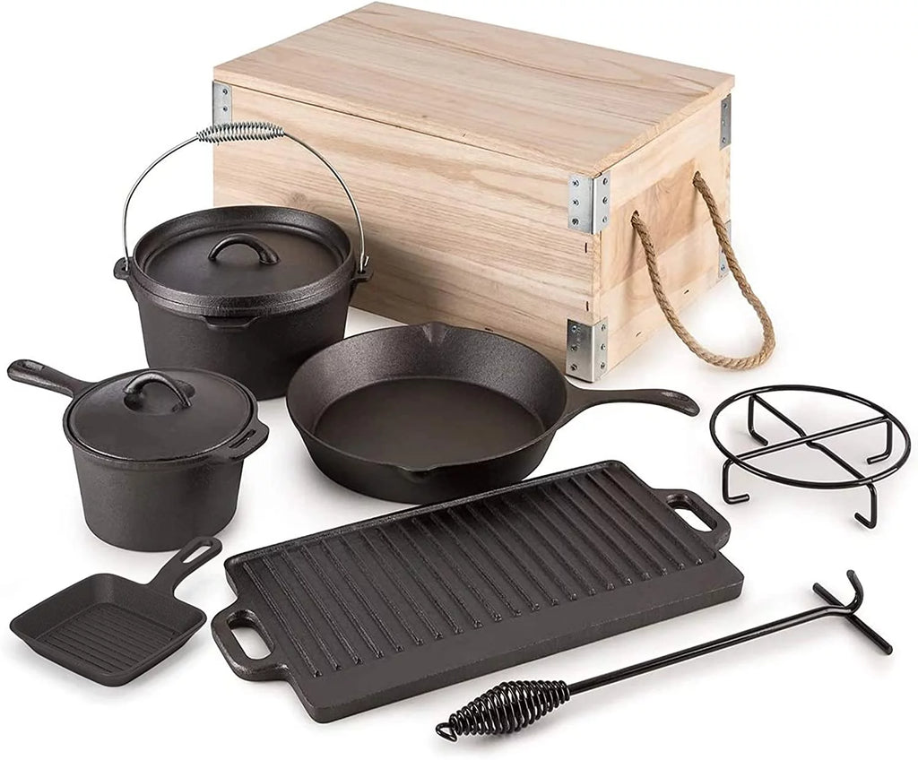 Pre-Seasoned Cast Iron Dutch Oven Cooking Set with Wood Box G704