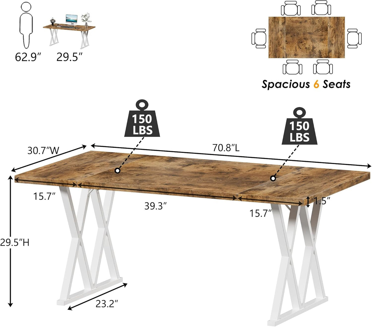 70.8 Inches Large Executive Desk with X Shaped Metal Legs & Adjustable Feet G834