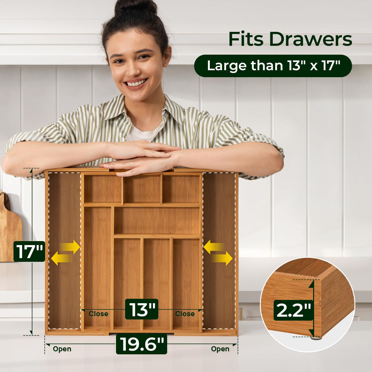 Bamboo Drawer Organizer, 10 Compartment Cutlery Tray, 2.2 Inch Deep M302782