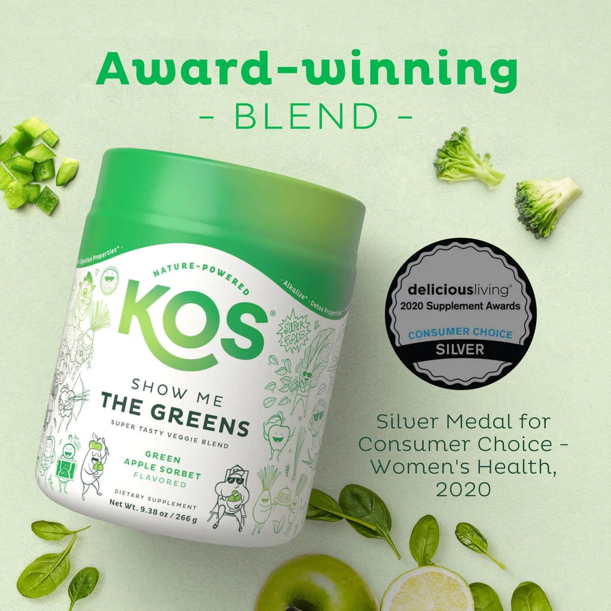 USDA Organic Super Greens Powder with Spirulina, Chlorella & Wheatgrass, Green Apple Sorbet Flavor, 28 Servings N631