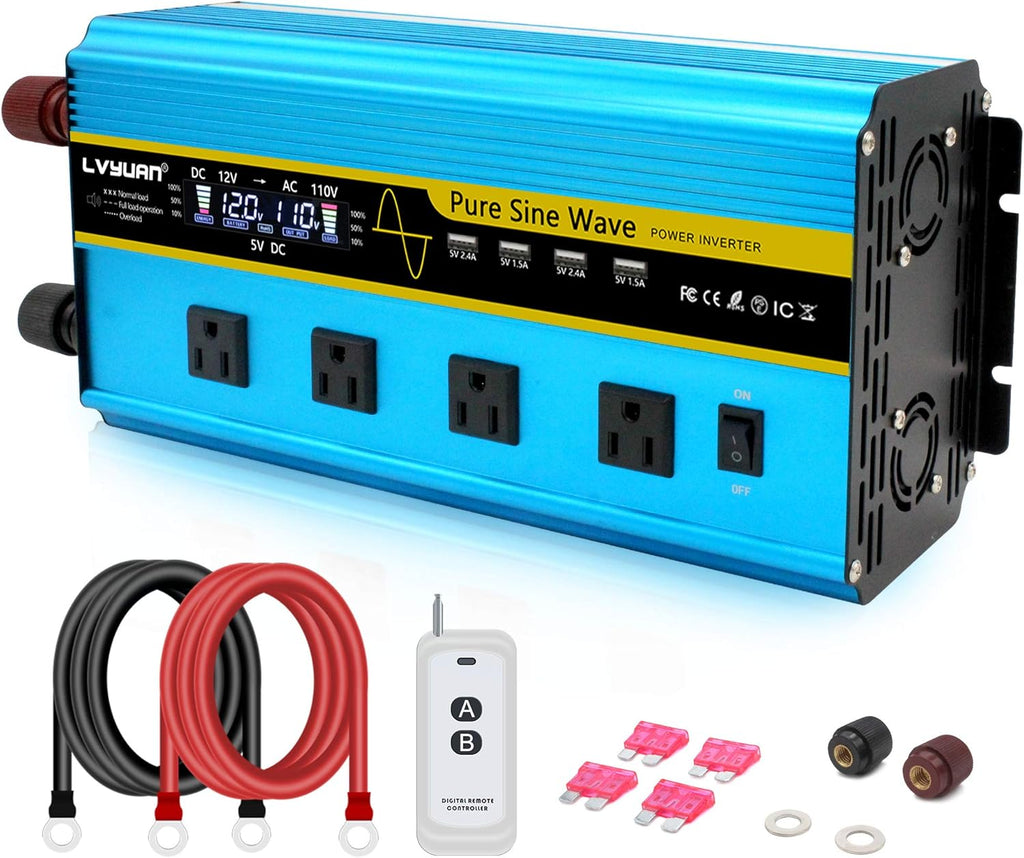 3000 Watt Pure Sine Wave Inverter 12V to 110V DC to AC with LCD Display 4 AC Sockets 4 USB Ports N7828