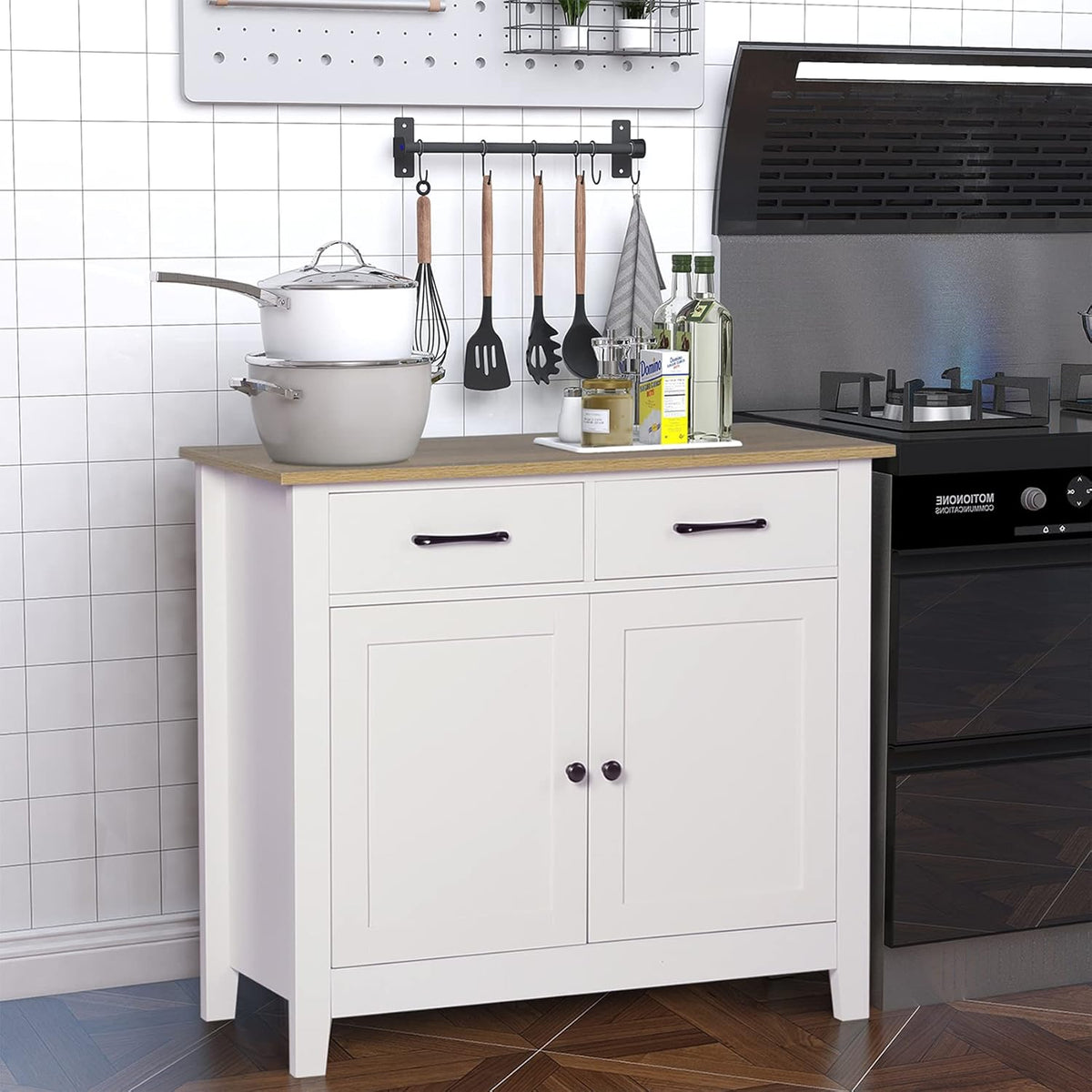 Ivory White Kitchen Sideboard Buffet Storage Cabinet with 2 Drawers P461269