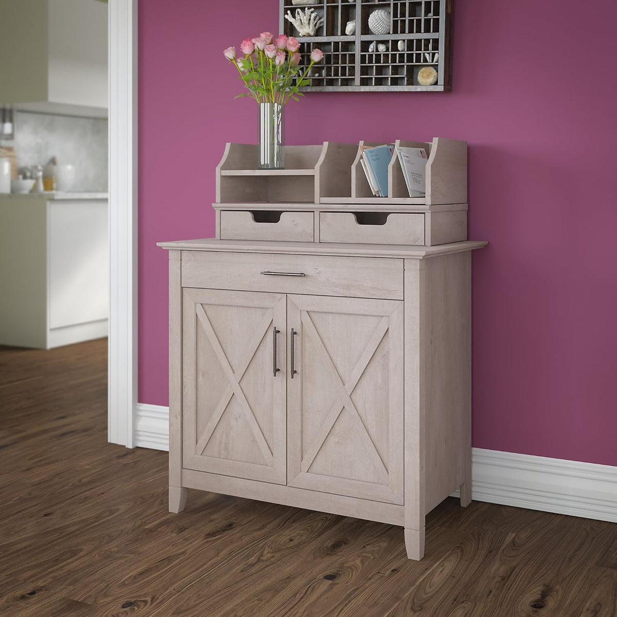 Washed Gray Secretary Desk with 5 Shelf Bookcase I91685