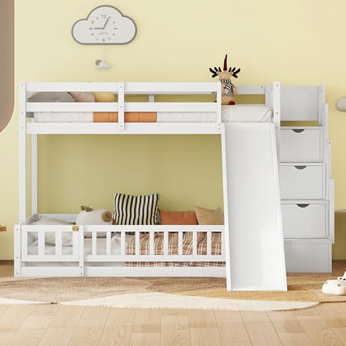 White Twin Over Full Size Pine Wooden Bunk Bed with Slide M240791