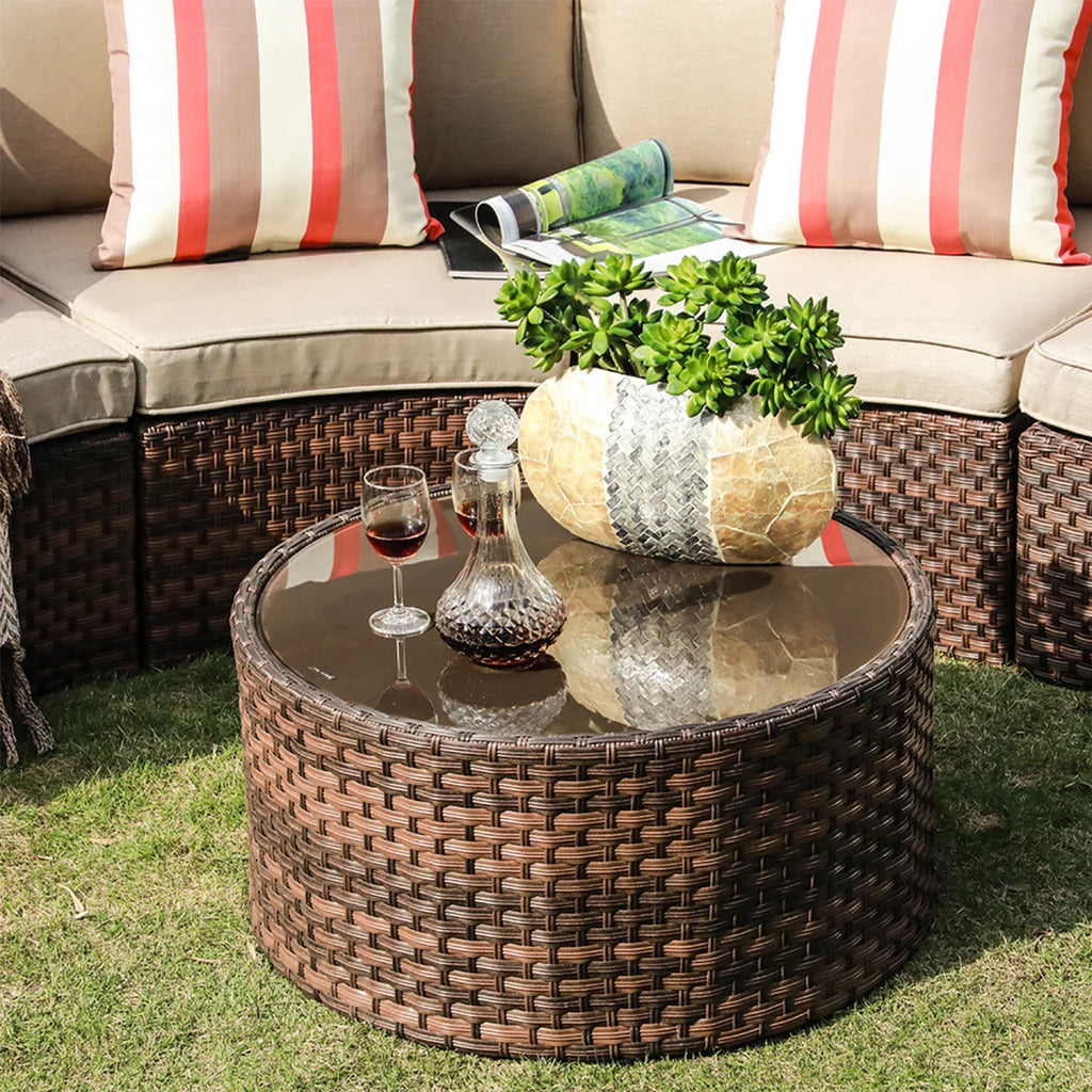 Brown 7-Piece PE Wicker Curved Sectional Sofa Set with Coffee Table Q1261