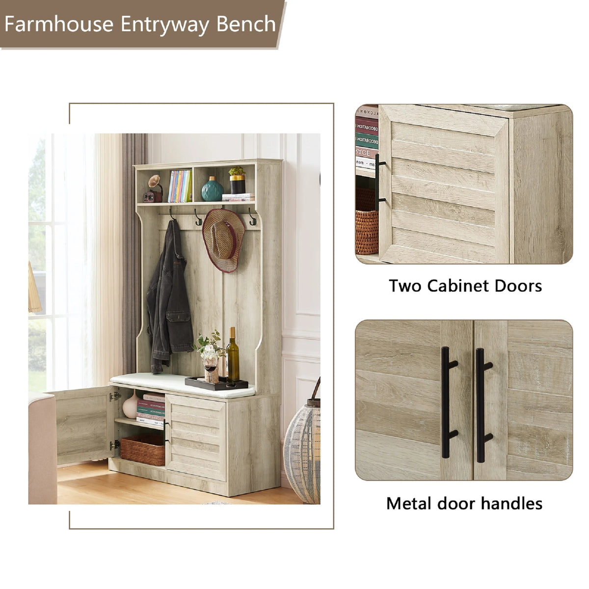 White Oak Entryway Bench with Coat Hooks and Storage Bench F814842