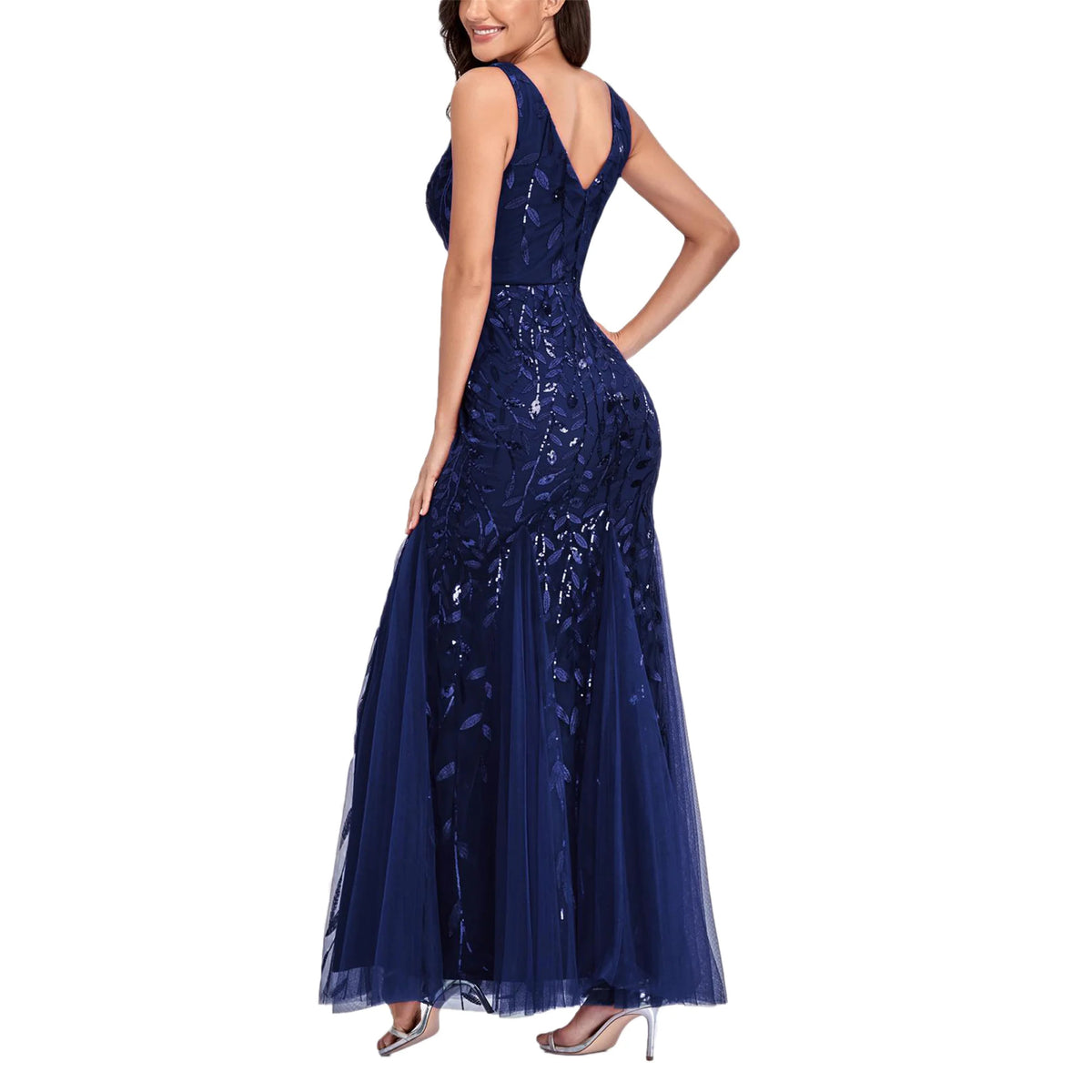Sleeveless V-neck Tulle Embroidery Sequins Cocktail Mermaid Bridesmaid Dress J57844