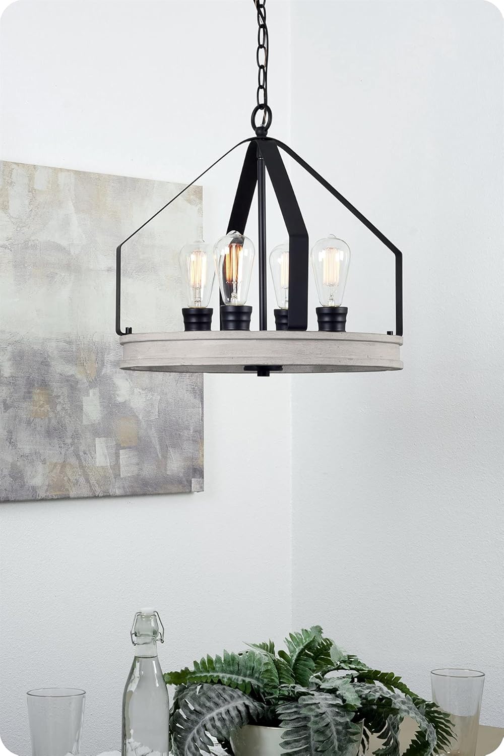 White Birch Wood Style Black Finish 4-Light Farmhouse Pendant Light Z4568