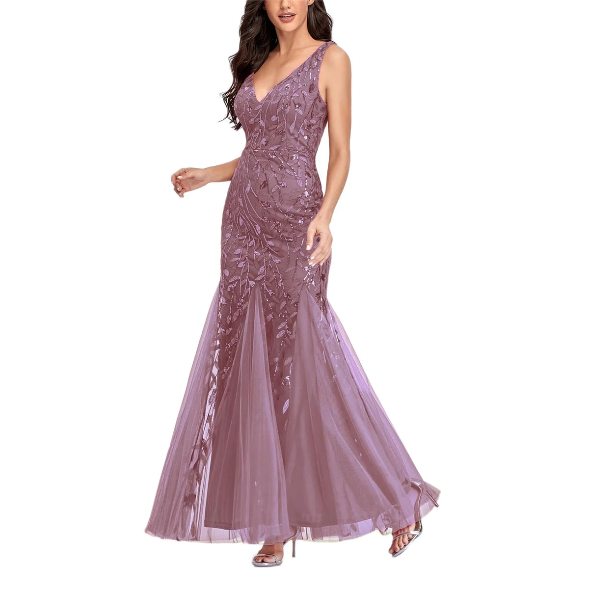 Sleeveless V-neck Tulle Embroidery Sequins Cocktail Mermaid Bridesmaid Dress J57844