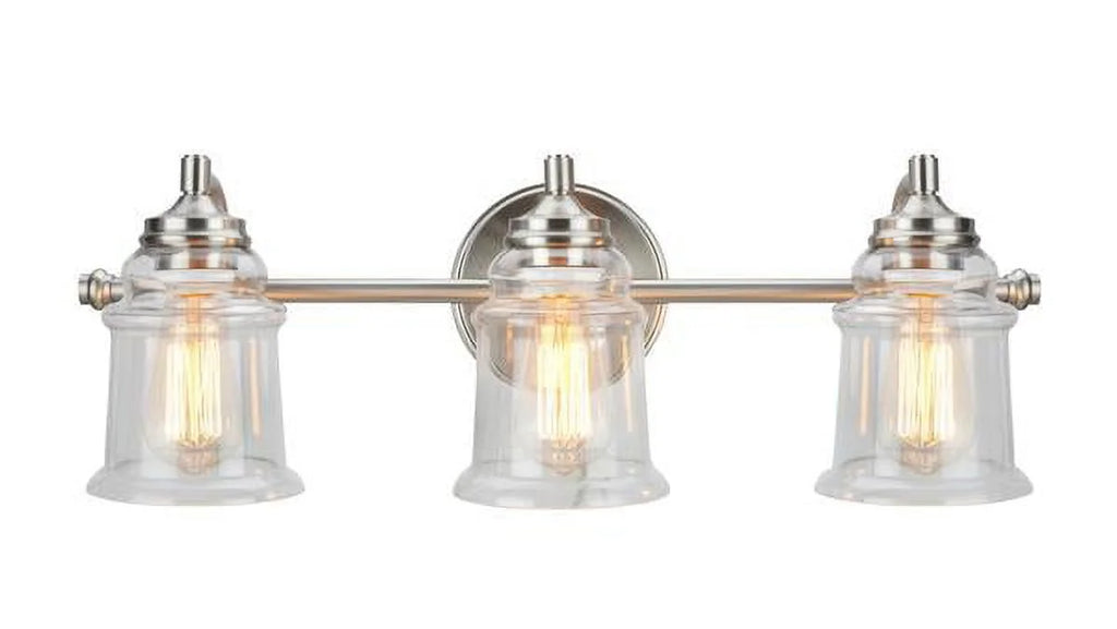 Three-Light Brushed Nickel Bathroom Vanity Wall Light Fixture with Clear Glass Shade C14316