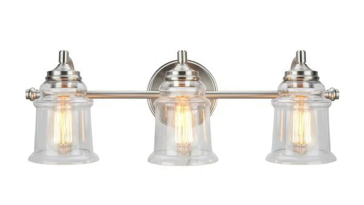 Three-Light Brushed Nickel Bathroom Vanity Wall Light Fixture with Clear Glass Shade C14316