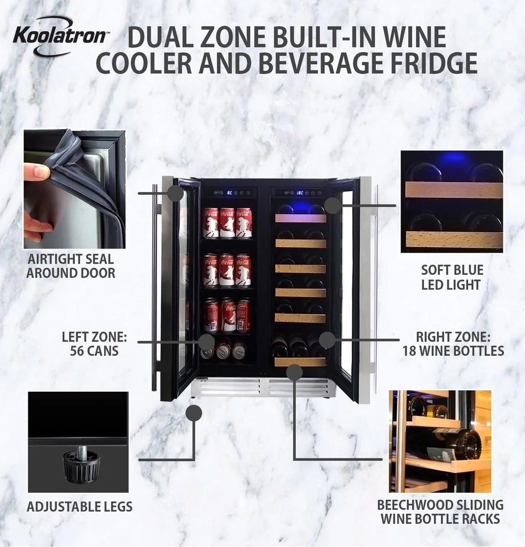 18 Bottles and 56 Cans 24 Inch Dual Zone Wine Cooler and Beverage Fridge A78191