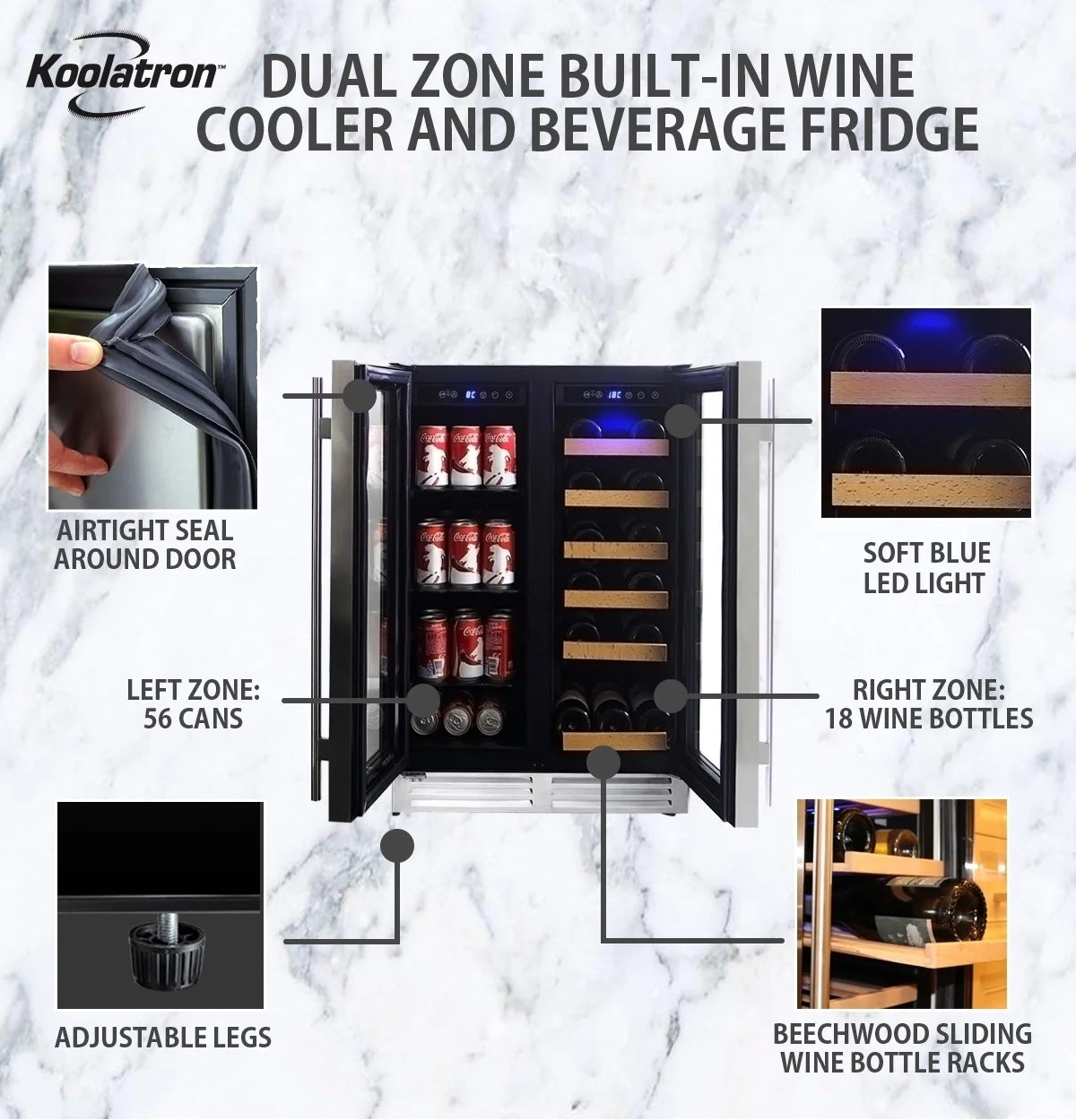 18 Bottles and 56 Cans 24 Inch Dual Zone Wine Cooler and Beverage Fridge A78191