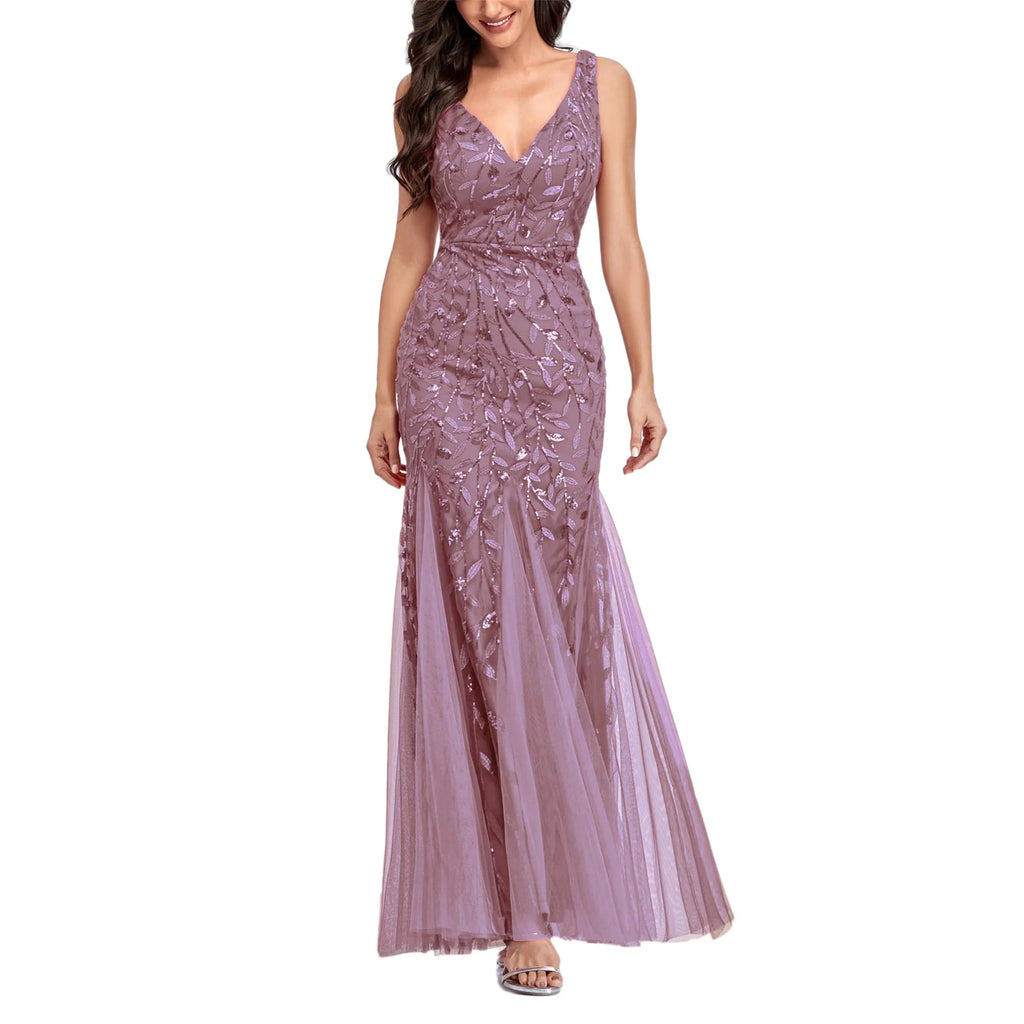 Sleeveless V-neck Tulle Embroidery Sequins Cocktail Mermaid Bridesmaid Dress J57844