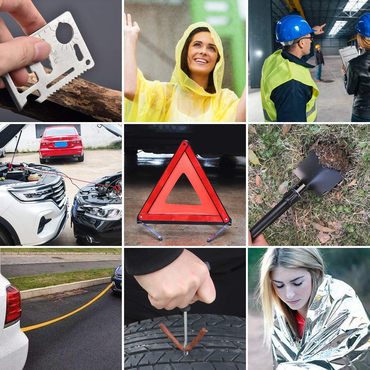 118-Piece Car Roadside Emergency Kit with Jumper Cables Portable Air Compressor Tow Strap Hammer Shovel D232343