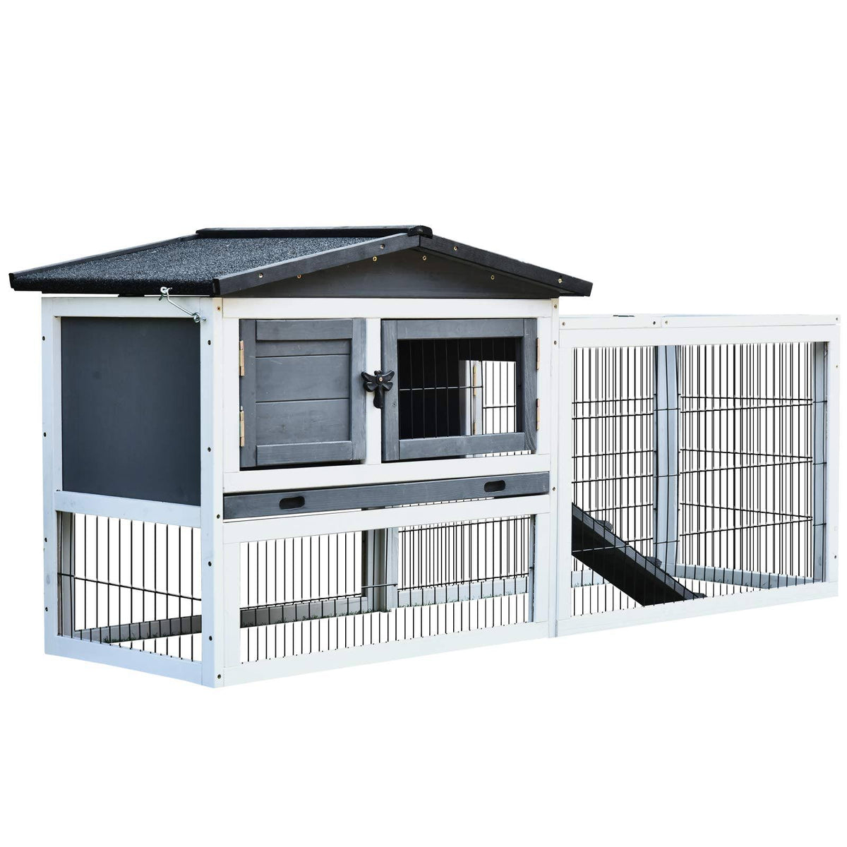 Solid Wood Rabbit Hutch with Black Metal Cage and Easy Clean Tray O183