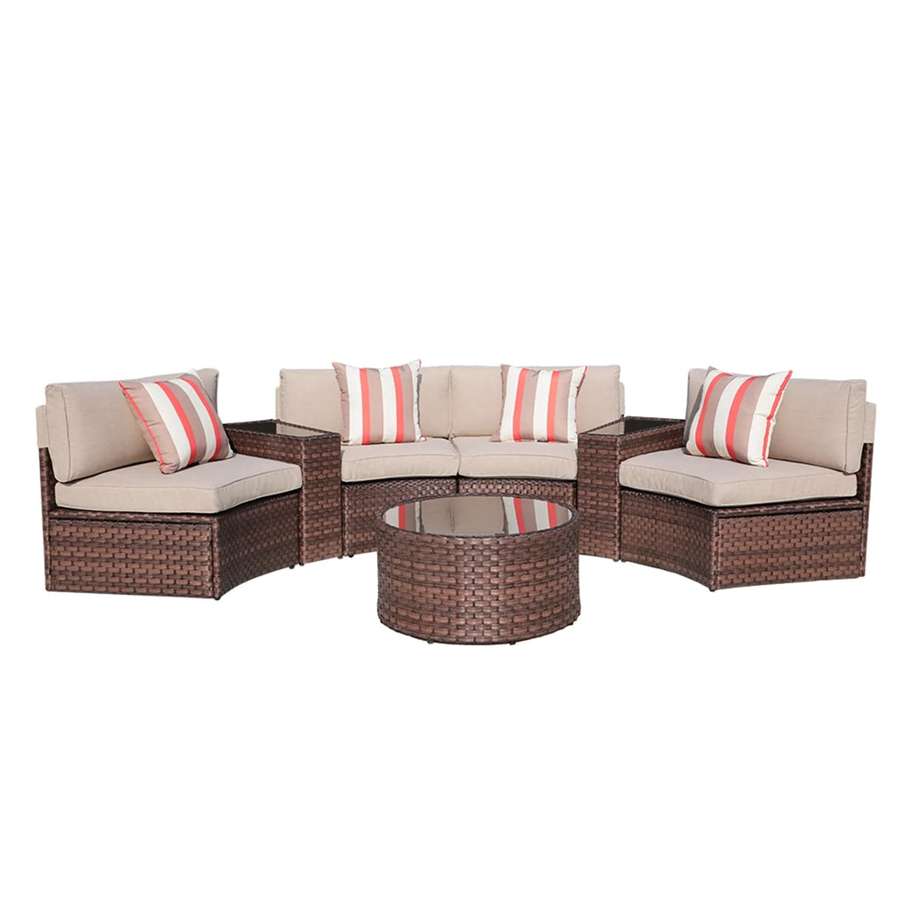 Brown 7-Piece PE Wicker Curved Sectional Sofa Set with Coffee Table Q1261