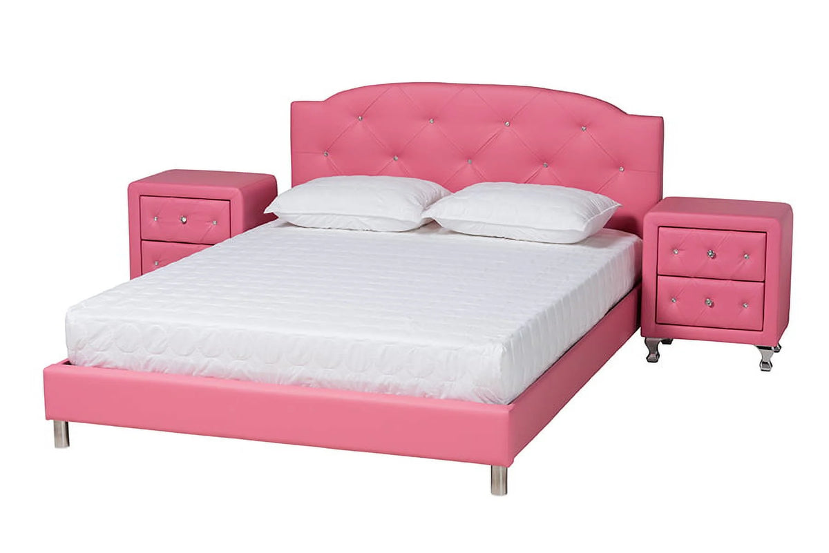 Pink Faux Leather Queen Size 3-Piece Bedroom Set A402