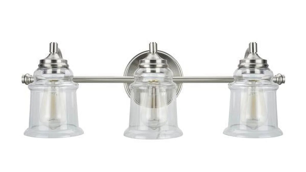 Three-Light Brushed Nickel Bathroom Vanity Wall Light Fixture with Clear Glass Shade C14316