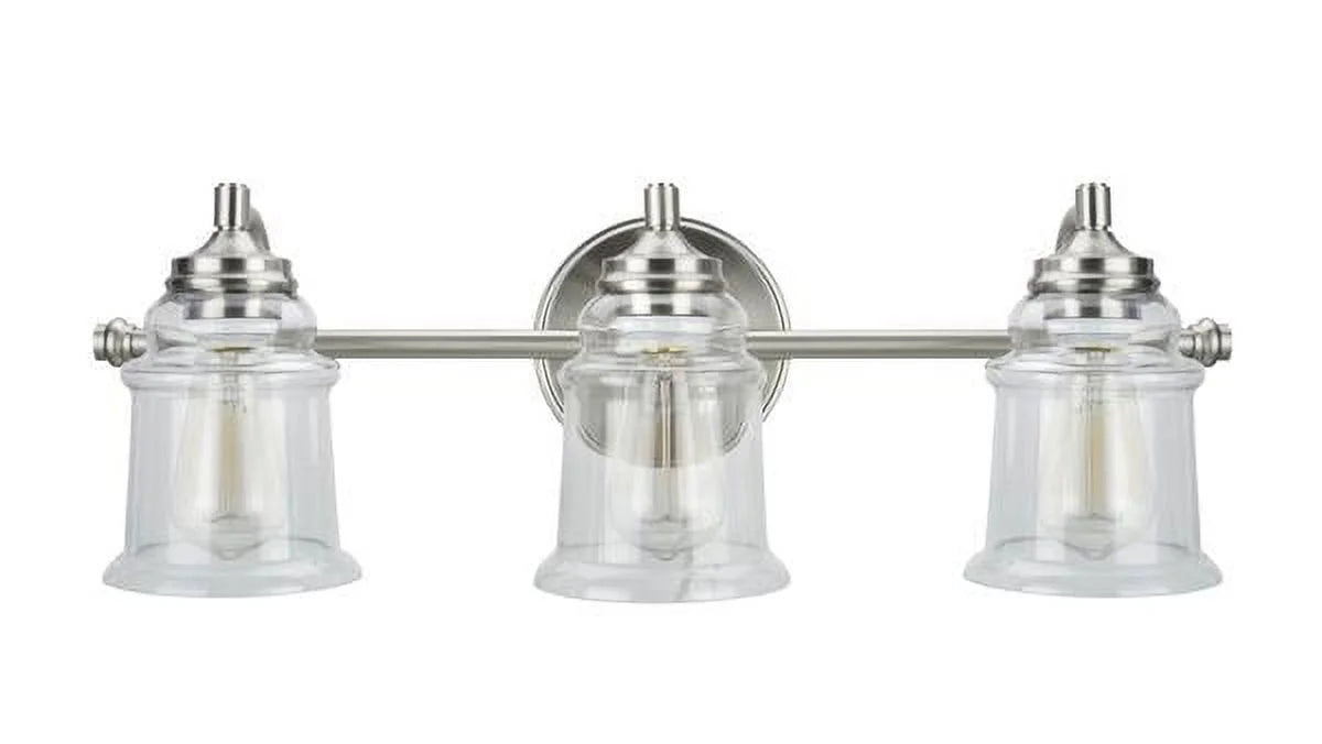 Three-Light Brushed Nickel Bathroom Vanity Wall Light Fixture with Clear Glass Shade C14316