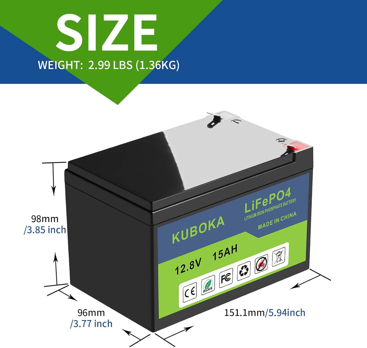 12V 15Ah LiFePO4 Lithium-ion Rechargeable Battery with Built-in BMS R7153