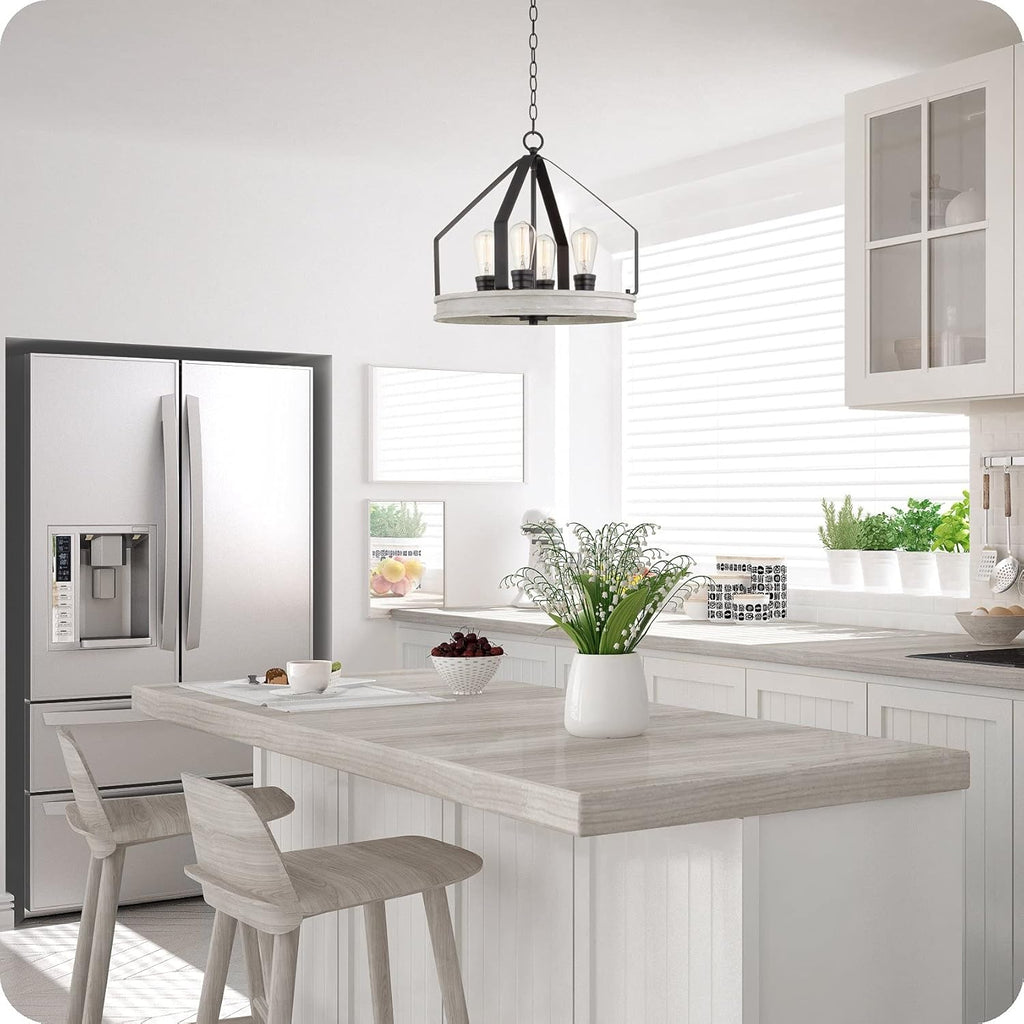 White Birch Wood Style Black Finish 4-Light Farmhouse Pendant Light Z4568