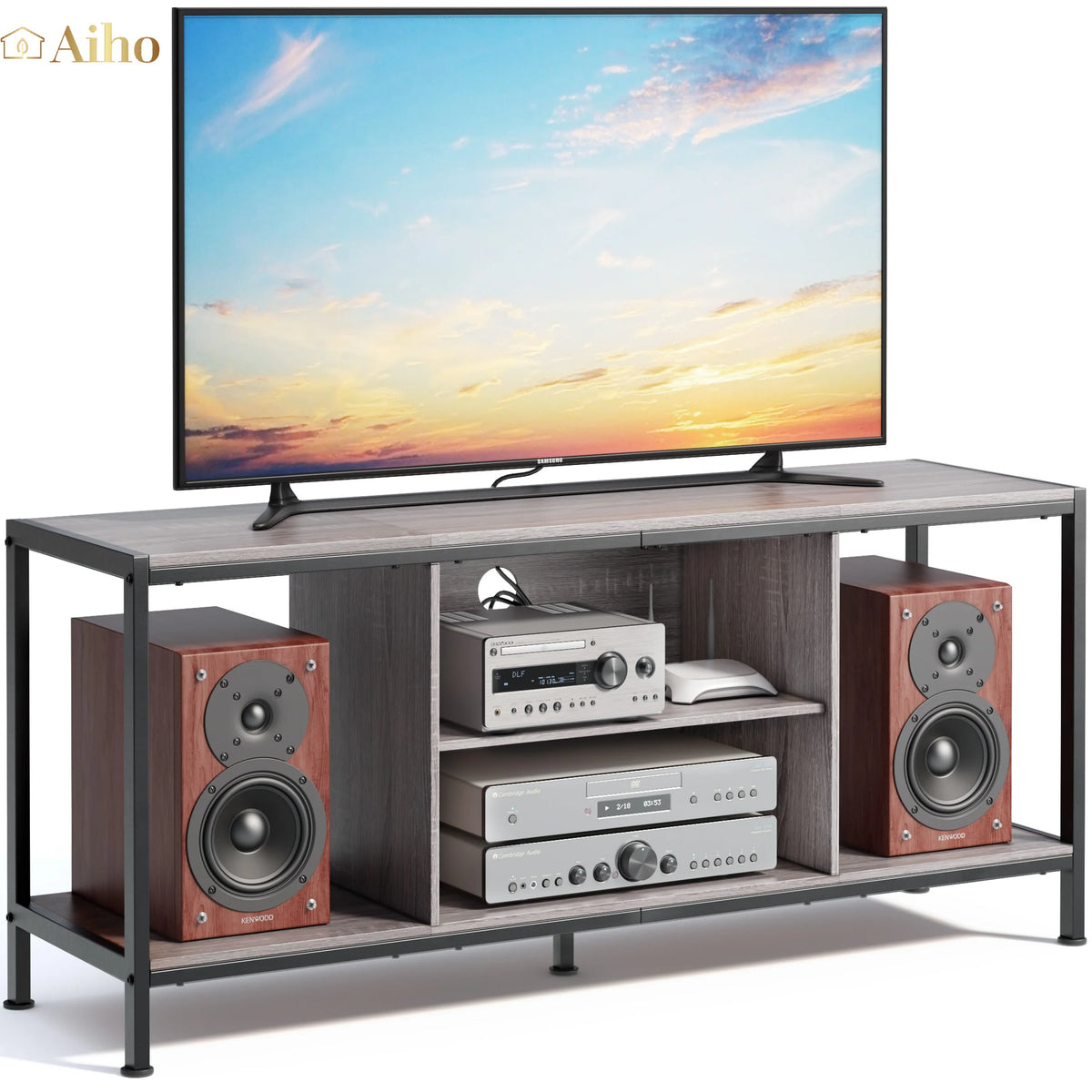 Mid-Century Wooden TV Stand with Open Storage Shelves and Metal Frame U658059