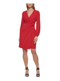 Red Long Sleeve Faux Wrap Dress E5343