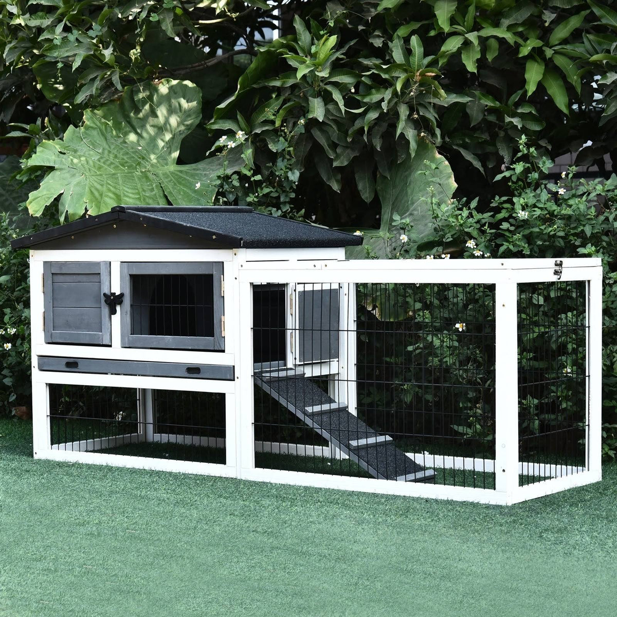 Solid Wood Rabbit Hutch with Black Metal Cage and Easy Clean Tray O183