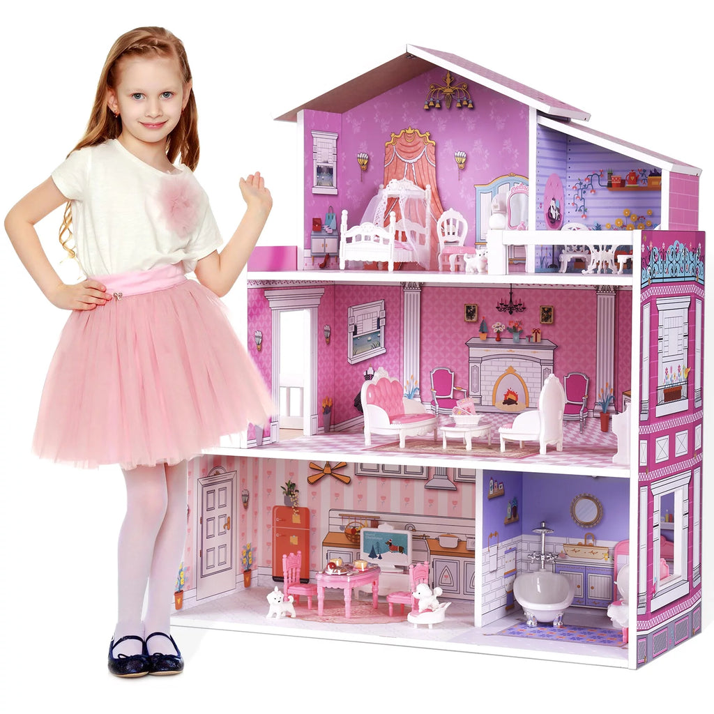 Wooden Dollhouse with 24pcs Furniture Z597045