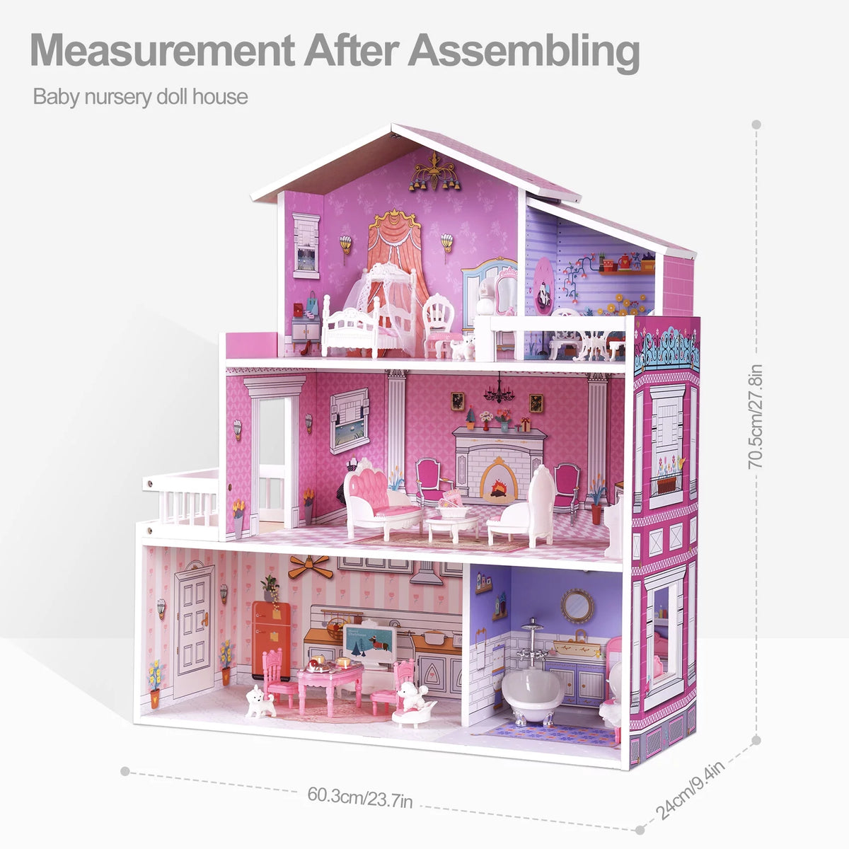 Wooden Dollhouse with 24pcs Furniture Z597045