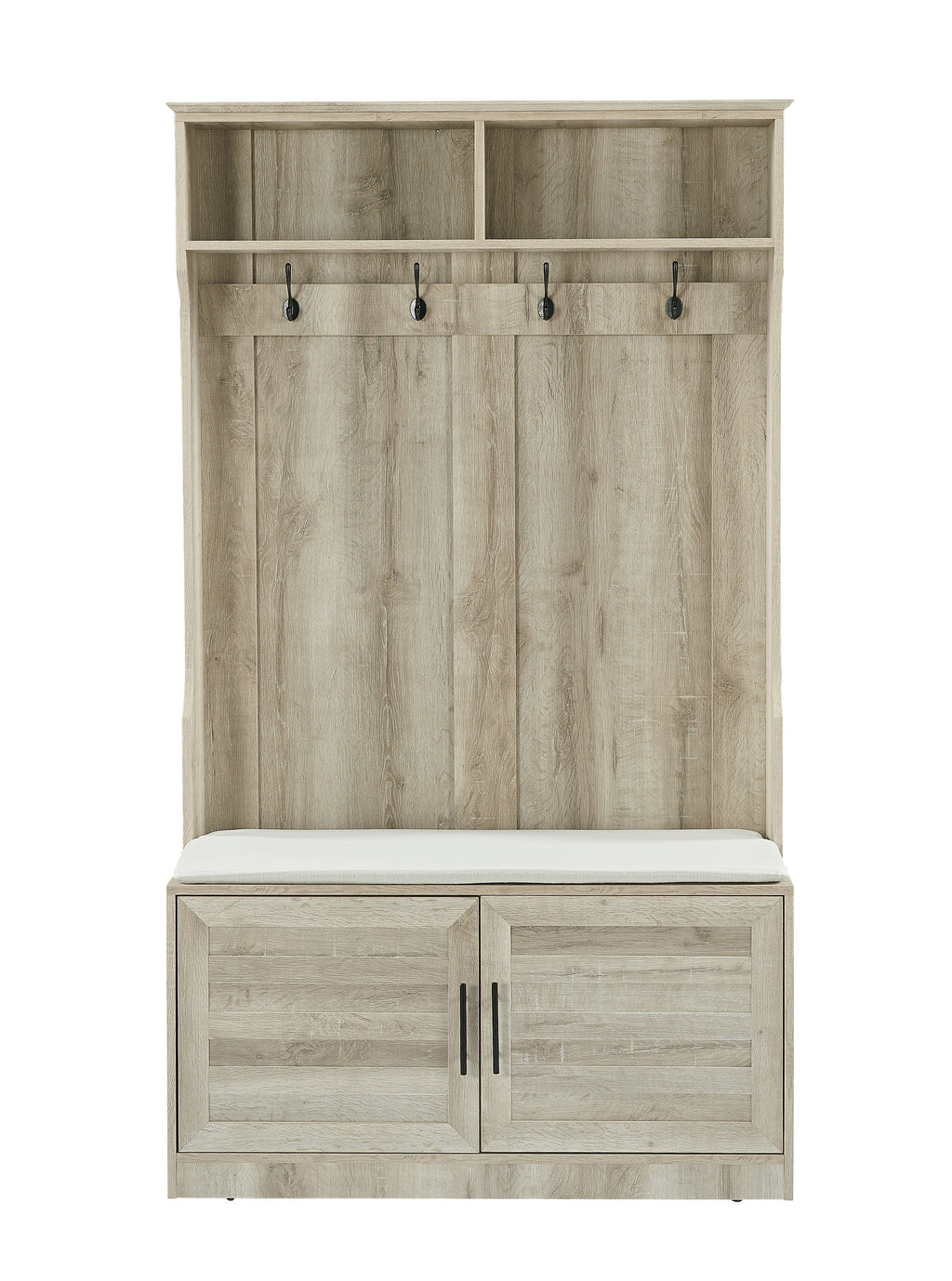 White Oak Entryway Bench with Coat Hooks and Storage Bench F814842