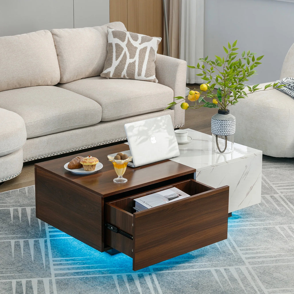 Walnut and Marble White Coffee Table with 2 Storage Drawers H2273